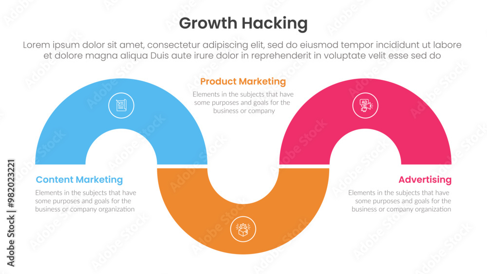 Poster growth hacking infographic 3 point with circular shape half circle up and down for slide presentatio