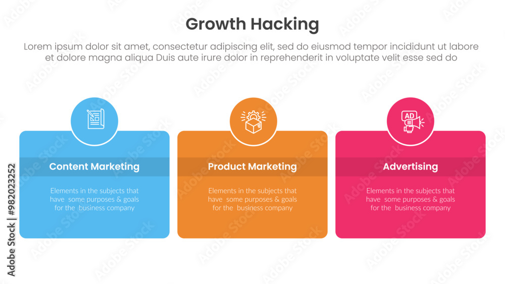 Poster growth hacking infographic 3 point with round box and circle badge on center with horizontal directi