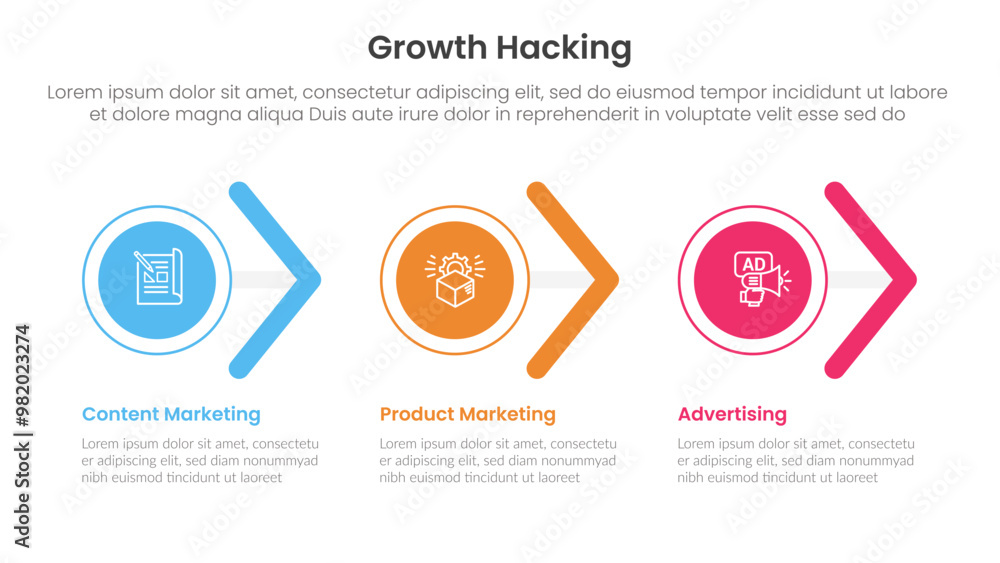 Poster growth hacking infographic 3 point with circle and arrow shape right direction for slide presentatio