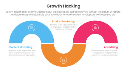 growth hacking infographic 3 point with circular shape half circle up and down for slide presentation