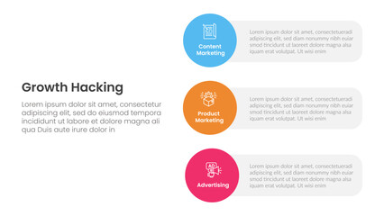 growth hacking infographic 3 point with vertical circle shape on stack layout for slide presentation