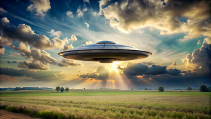 Alien saucer hovering above field in clouds, motionless in sky, UFO, alien invasion