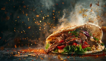 Delicious and spicy doner kebab sandwich with falling spices