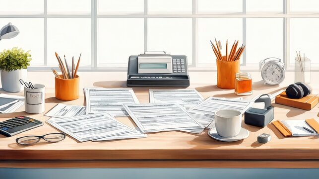 Craft a detailed watercolor illustration capturing a panoramic view of an office desk covered with neatly arranged 1099 forms under bright natural light