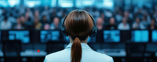 Create a rear view of a support agent in a bustling call center, featuring a diverse crowd in the background in a realistic digital format