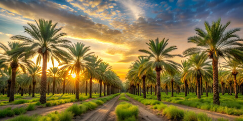Obraz premium Date palms plantation at sunset with a stunning natural backdrop , date palms, plantation, sunset, nature, background, landscape