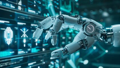 Fototapeta premium Futuristic robotic hand interacts with a digital interface in a virtual environment