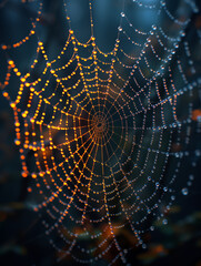 Naklejka premium Spiderweb with dew in golden hour light in the woods, A spider web glistening in the sunlight with a dark autumn forest background, AI generated