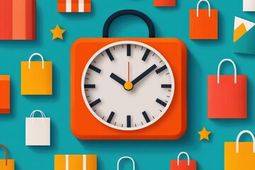 Obraz premium A vibrant clock surrounded by shopping bags, representing time management and consumerism in a colorful and dynamic design.