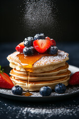 A stack of golden-brown pancakes, drizzled with honey and adorned with fresh berries, is a classic breakfast or brunch dish.