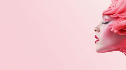 A woman with pink hair and red lips is the main focus of the image. The background is a pink color, which complements the woman's appearance. Scene is playful and fun