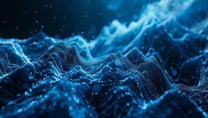 Blue glowing digital landscape with smooth rolling hills and sparkling lights
