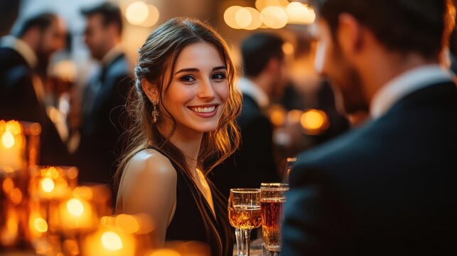 Elegant cocktail party with sophisticated guests in evening attire, luxurious bar setting with warm lighting, cocktail party, glamorous gathering