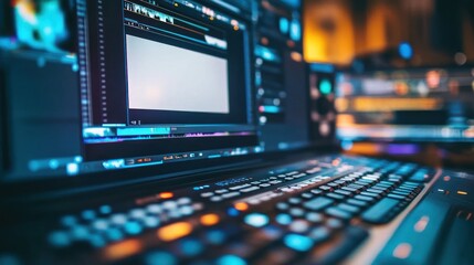 Obraz premium A close-up of a computer keyboard and screen, suggesting video editing or production work.