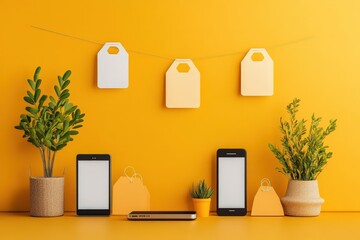 Fototapeta premium Vibrant workspace with smartphones, tags, and plants against a bright yellow background, ideal for branding and marketing imagery.