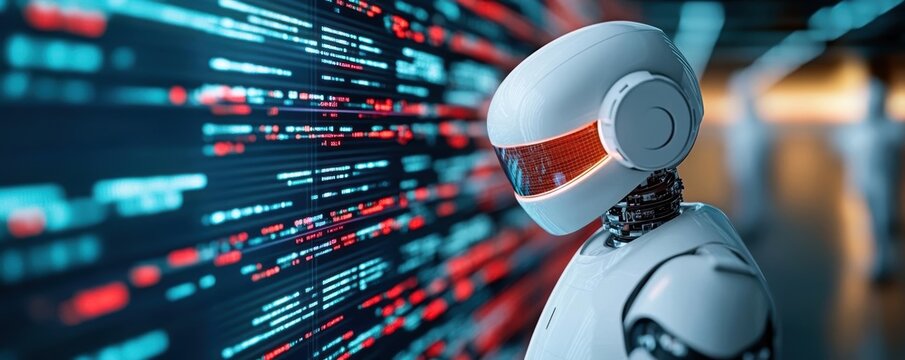 Automated robot stock analysis, software-driven financial data, neon holographic displays, futuristic finance space