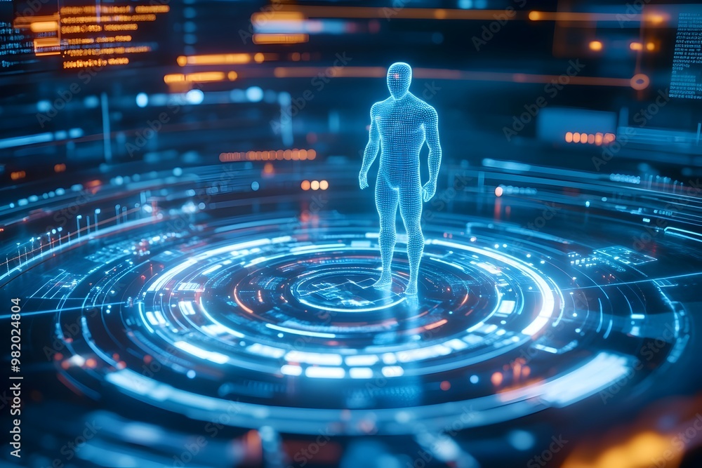 Aufkleber a futuristic holographic interface showcasing multiple virtual human avatars standing in an interact