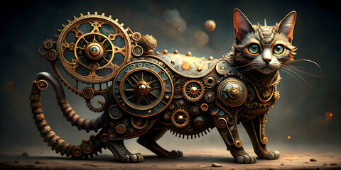 Intricately designed steampunk cat adorned with gears and cogs, exuding vintage elegance and mechanical charm, steampunk, cat