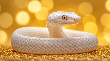 Fototapeta premium White Albino Snake on Sparkling Gold Background, Symbol of Chinese New Year, Luck and Prosperity