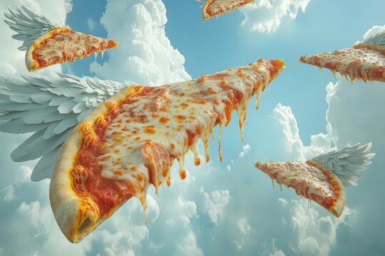 Giant floating pizza slices with wings, soaring through a surreal sky, whimsical and playful