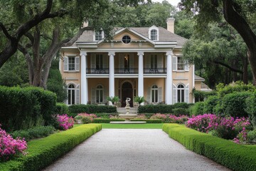 Elegant mansion surrounded by lush gardens and flowers.