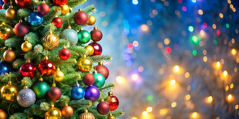 Christmas tree decoration with colorful ornaments and twinkling lights, holiday, celebration, festive