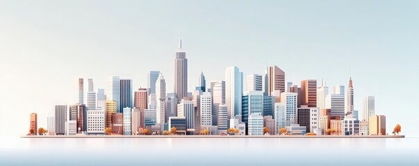 Illustrate a detailed frontal view of a modern city skyline, showcasing towering skyscrapers and sleek buildings, with digital realism