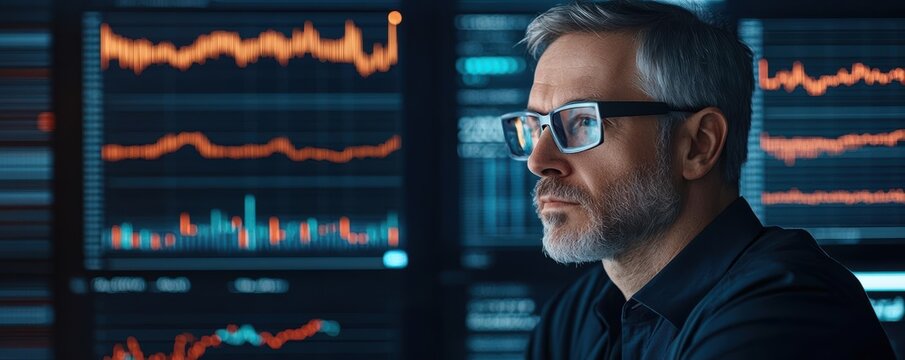 Autonomous stock trader, real-time prediction algorithms, glowing data holograms, sleek tech office