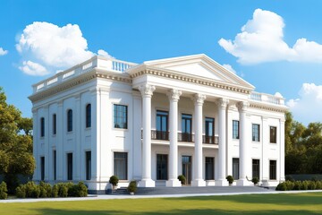 Obraz premium Illustrate a photorealistic rear view of a traditional tax compliance building, emphasizing professionalism and reliability in a digital painting style