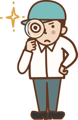 虫眼鏡を持つ、帽子をかぶった作業員の男性。