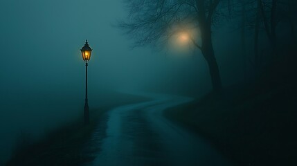 A foggy path winds through the forest, where a lone streetlight flickers in the night.