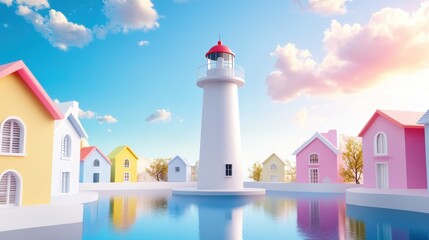 A lighthouse standing amidst a picturesque coastal town, with charming houses and colorful boats lining the harbor.