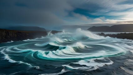 Waves of Water from River and Sea Meeting, High Tide and Low Tide, Whirlpools of the Maelstrom, Saltstraumen, Nordland, Norway