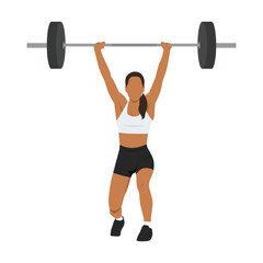 Young woman doing barbell over head and lunging while doing split jerk. Flat vector illustration isolated on white background