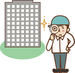 ビルの前で虫眼鏡を持つ、帽子をかぶった作業員の男性。