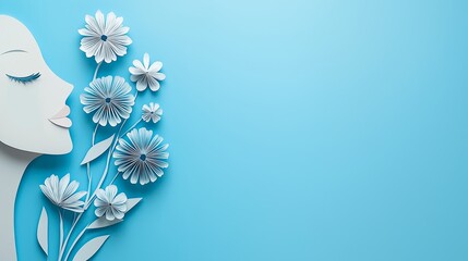 Fototapeta premium A woman's face is surrounded by flowers on a blue background. The flowers are white and the background is a deep blue color. Concept of beauty and serenity, as the woman's face is the focal point