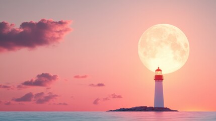 Fototapeta premium A serene illustration of a lighthouse with the sun setting behind it, creating a dramatic silhouette against the fiery sky.