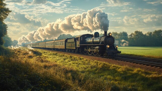 Long-shot of a vintage steam locomotive in a rural countryside, lush green fields, realistic shading, oil painting style, sunlight casting long shadows, wisps of steam in the air