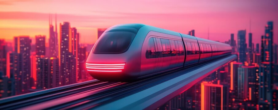 Long-shot view of a futuristic monorail gliding over a bustling cityscape, photorealistic, sleek metallic surfaces, bright neon lights, twilight setting, digital CG 3D rendering