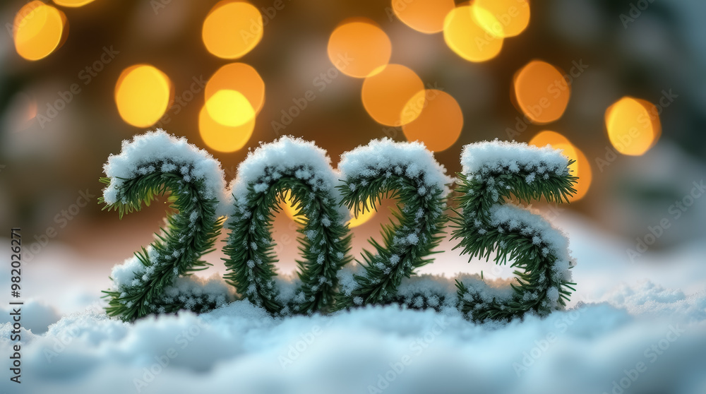 Poster a wintery display features the year 2025 crafted from greenery, dusted with snow, set against a back