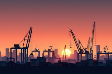Obraz premium Low-angle view of an intermodal shipping yard at sunset