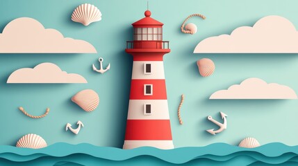 A lighthouse featuring a vintage maritime theme, with nautical details such as ropes, anchors, and seashells. The illustration has a classic, nostalgic feel.