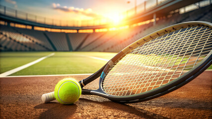 Tennis racket and ball on the court, tennis, sport, game, equipment, competition, court, racket, yellow, green, outdoor, exercise