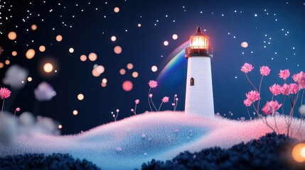 A whimsical illustration of a lighthouse with magical features, such as a glowing lantern that casts rainbow beams of light.