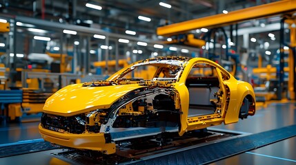 Obraz premium A yellow car body moves down the assembly line, taking shape in a bustling automotive factory.