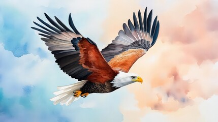 Obraz premium Paint a side view of a majestic eagle soaring through a dramatic stormy sky Capture the powerful feathers and intense atmosphere with watercolor textures
