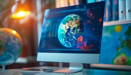 Computer screen displays a globe with data analysis