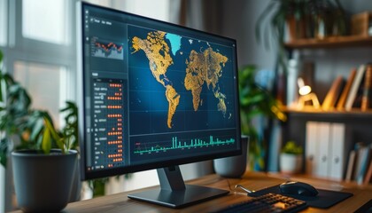 Computer screen displaying a world map with data analysis and graphs in a home office