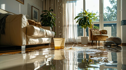 Water is running from the ceiling, a flood in the house.