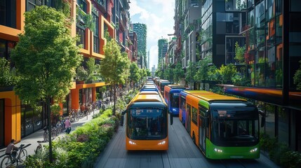 Obraz premium Wide-angle view of a bustling cityscape with colorful electric buses and bicycles